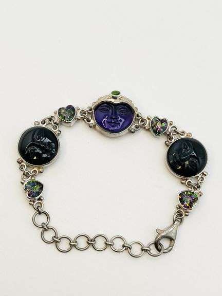 925 Sterling Silver Signed Sajen Hand Made Carved Amethyst And Mystic Topaz Accent Bracelet