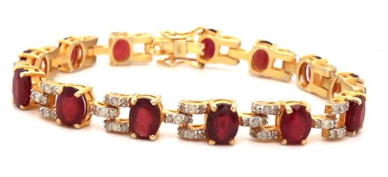 Fabulous 21.30CTW Oval Faceted Ruby & Diamond Bracelet in 14KYellow Gold Over Sterling Silver