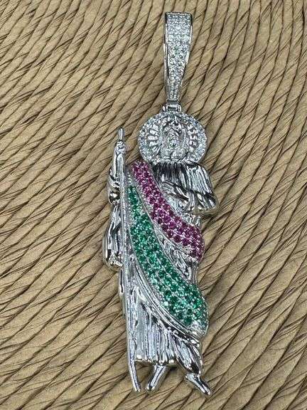 Rhodium Plated 925 Sterling Silver Multi Color CZ St Jude Hip Hop Pendant
