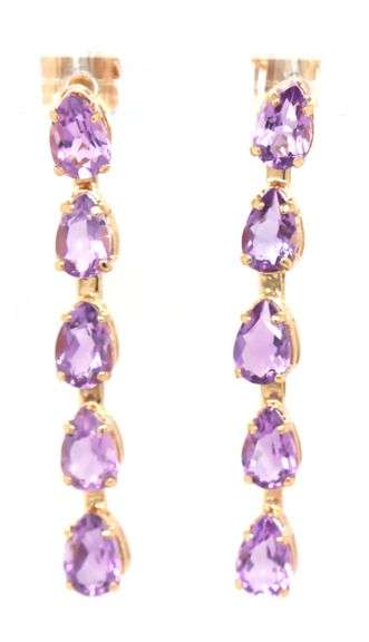 14kt Yellow gold pear shaped amethyst 5 stone drop earrings