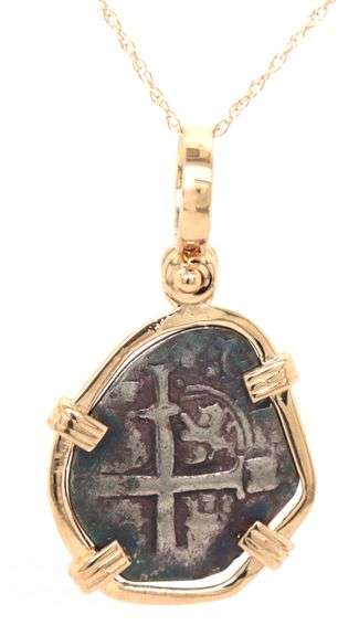 Reproduction Atosha Sunken Treasure coin with gold bezel pendant on chain