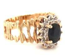 14kt Yellow gold blue sapphire and diamond ring