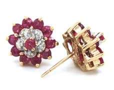 10kt Yellow gold ruby and diamond flower stud earrings