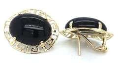 14kt Yellow gold black onyx oval earrings with Greek key halo