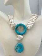 925 Sterling Silver Jay king Biwa Pearl And Turquoise Necklace