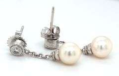 Stylish 18K WG Diamond & Pearl Dangle Earrings