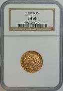 Super Choice BU and lovely 1909-D $5 Indian Gold Piece. NGC MS63