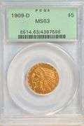 Gorgeous Choice BU 1909-D $5 Indian Gold Piece. Old Green Label PCGS MS63
