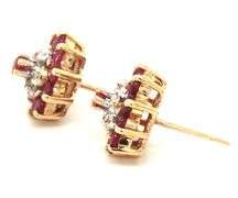 10kt Yellow gold ruby and diamond flower stud earrings