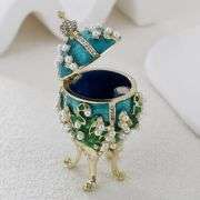 Hand Painted Enamel Pearl Flower Fabergé Egg Trinket Box – Unique Hinged Green Jewelry Organizer