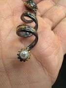 Persian Turquoise Pendant with Freshwater Pearl 18k Gold over Oxidized 925 Sterling Silver 24" Neckl