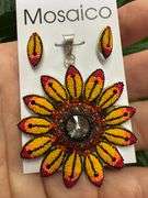 Original Handmade Mosaico Sunflower Earrings & Pendant 925 Sterling Silver Mexico Artistic Jewelry
