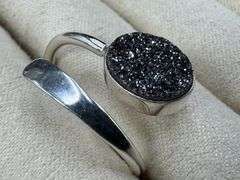 Sterling Silver 925 Titanium Coated Druzy Agate Crystal Stone Ring Adjustable Spoon Band