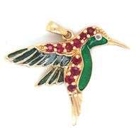 14kt Yellow gold ruby and enamel bird pendant