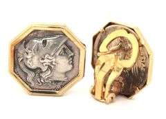14kt Yellow gold 2 tone Greek Goddess Octagonal clip on earrings
