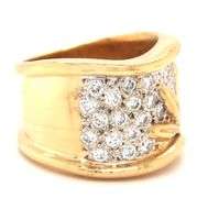 18kt Yellow gold 1.27ctw diamond wide wave ring with leaf motif