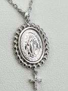 925 Sterling Silver  "Miraculous Medal" Bead Station With Virgin Mary With Small Cross Charm Necklac