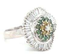 14kt White gold 1.50ctw IRR green and yellow diamond and baguette halo cluster ring