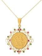 British Gold Sovereign Coin in Emerald and Ruby Frame Pendant Necklace in 18K and 22K