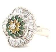14kt White gold 1.50ctw IRR green and yellow diamond and baguette halo cluster ring