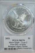 Perfect 2021 Ty 2 $1 Silver Eagle. PCGS MS70 1st Day Issue Reagan Signed