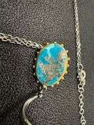 Persian Turquoise Pendant with Freshwater Pearl 18k Gold over Oxidized 925 Sterling Silver 24" Neckl