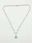 14KT White Gold U Shaped Link Chain Accented With Diamond and Tahitian Pearl Drop Necklace
