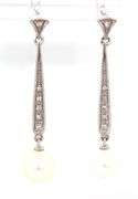 14kt White gold Vintage style Milgrain pearl and diamond accent dangle earrings