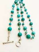 925 Sterling Silver Long Round Turquoise Beads With Smaller Spacer Beads And Silver Link Necklace