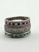 14KT White Gold Attached Eternity Band Set In Ruby, Emerald And Diamond Ring