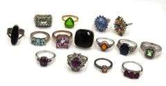 Group lot of 15 vintage 925 sterling silver gemstone rings