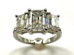 14 Kt White Gold Plate 5.25 Ctw 3 Stone Emerald Cut Ice White Fire Moissanite Ring