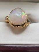 Very fine one Cabochon Pear Opal ring in silver 14k gold plated with diamond accent, 8.13 CTW