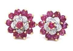 10kt Yellow gold ruby and diamond flower stud earrings