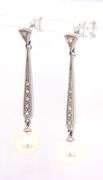 14kt White gold Vintage style Milgrain pearl and diamond accent dangle earrings