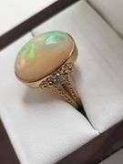 Very fine one Cabochon Pear Opal ring in silver 14k gold plated with diamond accent, 3.41 CTW
