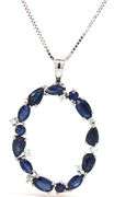 14kt White gold blue sapphire and diamond pendant on chain