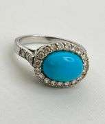 925 Sterling Silver Oval Turquoise With CZ Halo Ring