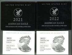 Perfect Gem BU 2021-W & 2022-W $1 Silver Eagles. Box/COA's