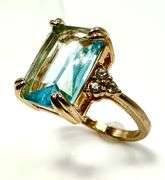 14 kt Yellow Gold Plate 6.5 Ct Emerald Cut Simulated Sky Blue Topaz Ring