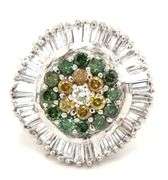 14kt White gold 1.50ctw IRR green and yellow diamond and baguette halo cluster ring
