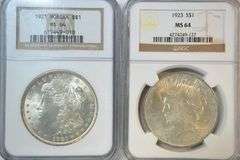 Nearly Gem BU 1921 Morgan & 1923 Peace Silver Dollars. NGC MS64