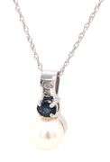 14kt White gold 7mm pearl, sapphire and diamond pendant on chain