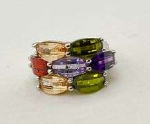 925 Sterling Silver Baguette Cut Multi Color Stones Ring