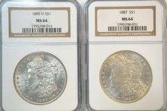Near Gem BU 1885-O & 1887 Morgan Silver Dollars. NGC MS64
