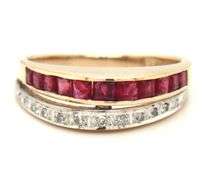 14kt Yellow gold square ruby and diamond 2 row dome ring