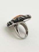 925 Sterling Silver Large Oval Amber Color Stone With Halo And Intricate Black and White Crystal Pav