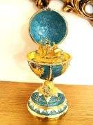 HANDMADE Fabergé-Style Globe Egg Trinket Box – 24K Gold Decor, Austrian Crystal, Sailboat & Twin Fis