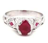 10kt White gold oval ruby and diamond vintage style ring