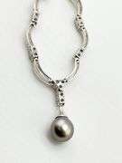 14KT White Gold U Shaped Link Chain Accented With Diamond and Tahitian Pearl Drop Necklace